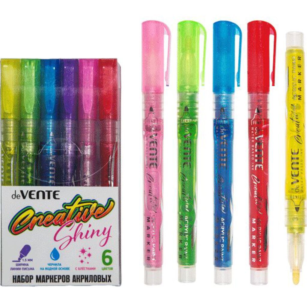 Набор маркеров акриловых 6цв. пулевидн."deVENTE." с блёстками, ширина линии 1,5 мм deVENTE