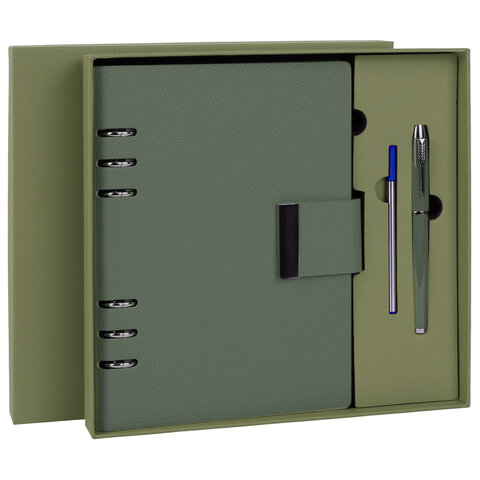 Ежедневник на кольцах в наборе с ручкой А5, 165x229 мм, BRAUBERG "Lux", зеленый.