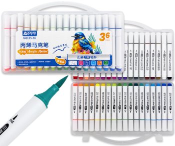 Маркер акриловый 36 цв. DM-75 1-5мм, кисть, белый 3хгранный корпус, в пластиковом боксе