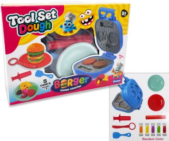 Масса для лепки (тесто) 5 цв. DM-172 "Бургер" гриль, скалка, лопатка, тарелки, в к/к