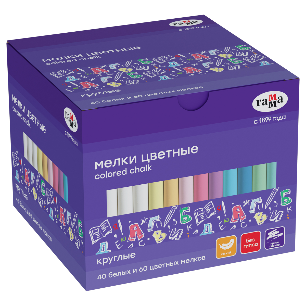 Мелки школьные Гамма, цветные, 100шт. (40шт. белых и 60шт. цветных), мягкие, круглые, картонная коро