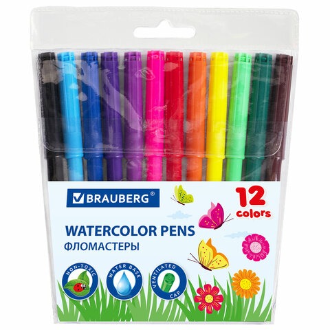 Фломастеры BRAUBERG "Wonderful butterfly", 12 цветов, вентилируемый колпачок, ПВХ-упаковка, 150522