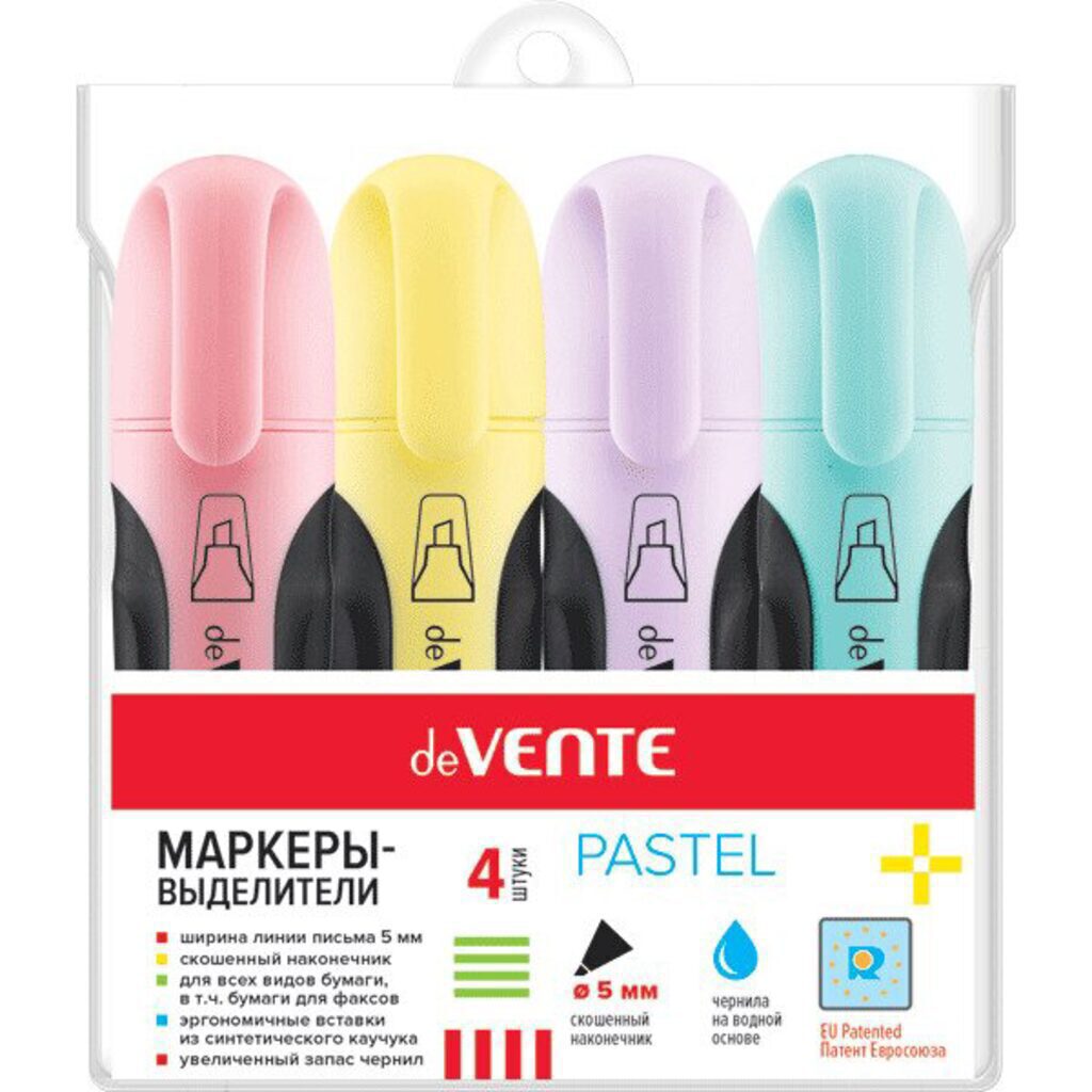 Набор текстовыделителей "deVENTЕ Pastel" 4 цв., 1-5мм, пастельные цвета, плоский 104457