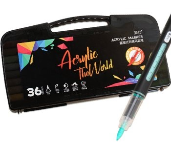 Маркер акриловый 36 цв. DP-275 1-5мм, кисть, круглый черный корпус с индикатором, в пластиковом пена