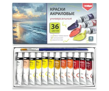 Краска акрил. 36 цв. INTELLIGENT DI-27801 в пластиковой тубе по 6мл, с кистью, в к/кор (1/45)