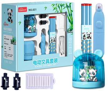 Точилка+ ластик DO-361 "Панда" набор на батарейках: точилка и ластик электрические, карандаши, сменн