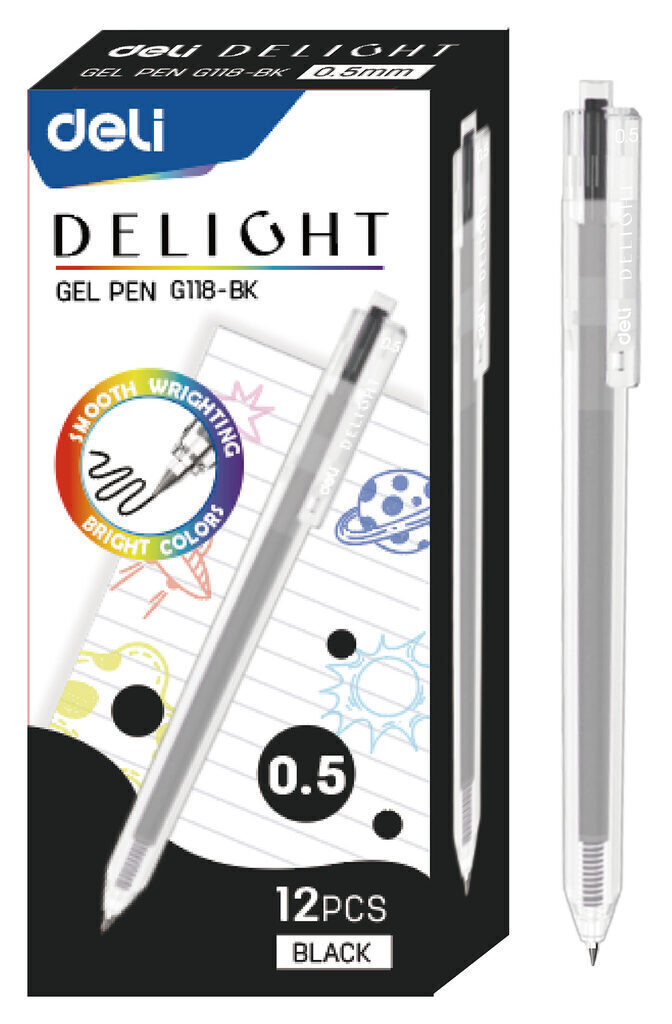 Ручка гелевая Deli Delight 0,5мм черная, прозрачный корпус
