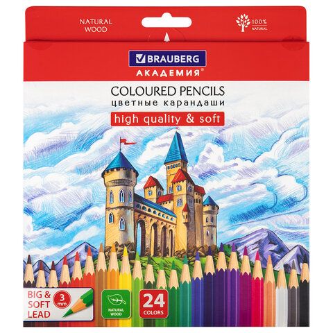 Карандаши цветные мягкие BRAUBERG АКАДЕМИЯ, 24 цвета, шестигранные, грифель 3 мм_1