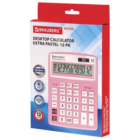 Калькулятор настольный BRAUBERG EXTRA PASTEL-12-PK (206x155 мм), 12 разрядов, двойное питание, РОЗОВ_2