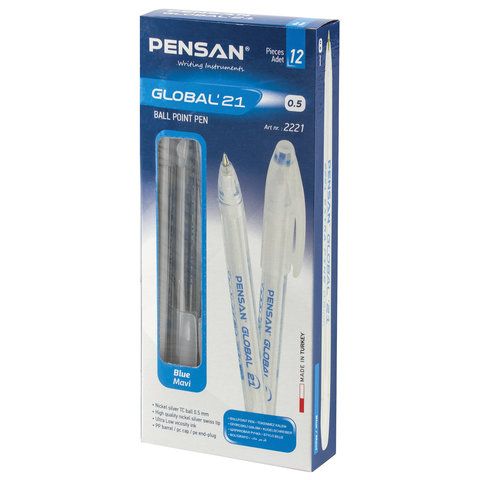Ручка шариковая масляная PENSAN "Global-21", СИНЯЯ, корпус прозрачный, узел 0,5 мм, линия письма 0,3_1