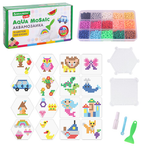 Аквамозаика 15 цветов, 1500 бусин, с трафаретами и инструментами, BRAUBERG KIDS_3