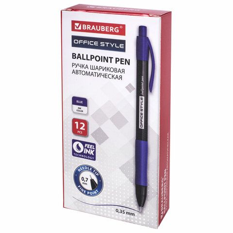Ручка шариковая автоматическая с грипом BRAUBERG OFFICE STYLE, СИНЯЯ, игольчатый наконечник 0,7мм, л_1