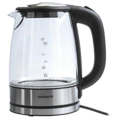 Чайник SONNEN KT-1788, 1,7 л, 2200 Вт, закрытый нагревательный элемент, стекло, черный, подсветка_1