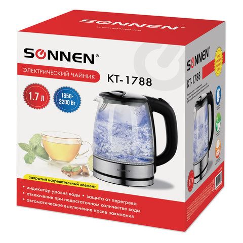 Чайник SONNEN KT-1788, 1,7 л, 2200 Вт, закрытый нагревательный элемент, стекло, черный, подсветка_3