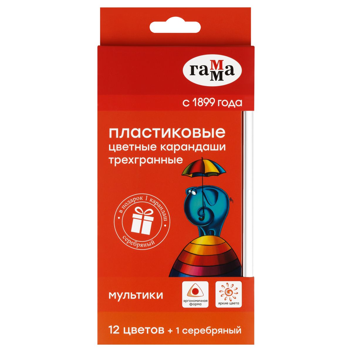 Карандаши цветные пластиковые Гамма "Мультики", 12цв. +1 серебряный, трехгранные, заточен., картон.,_1