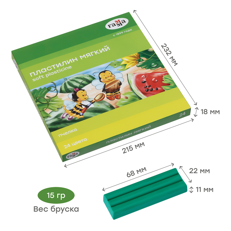 Пластилин восковой мягкий Гамма "Пчелка", 24 цвета, 360г, со стеком, картон. упаковка_1