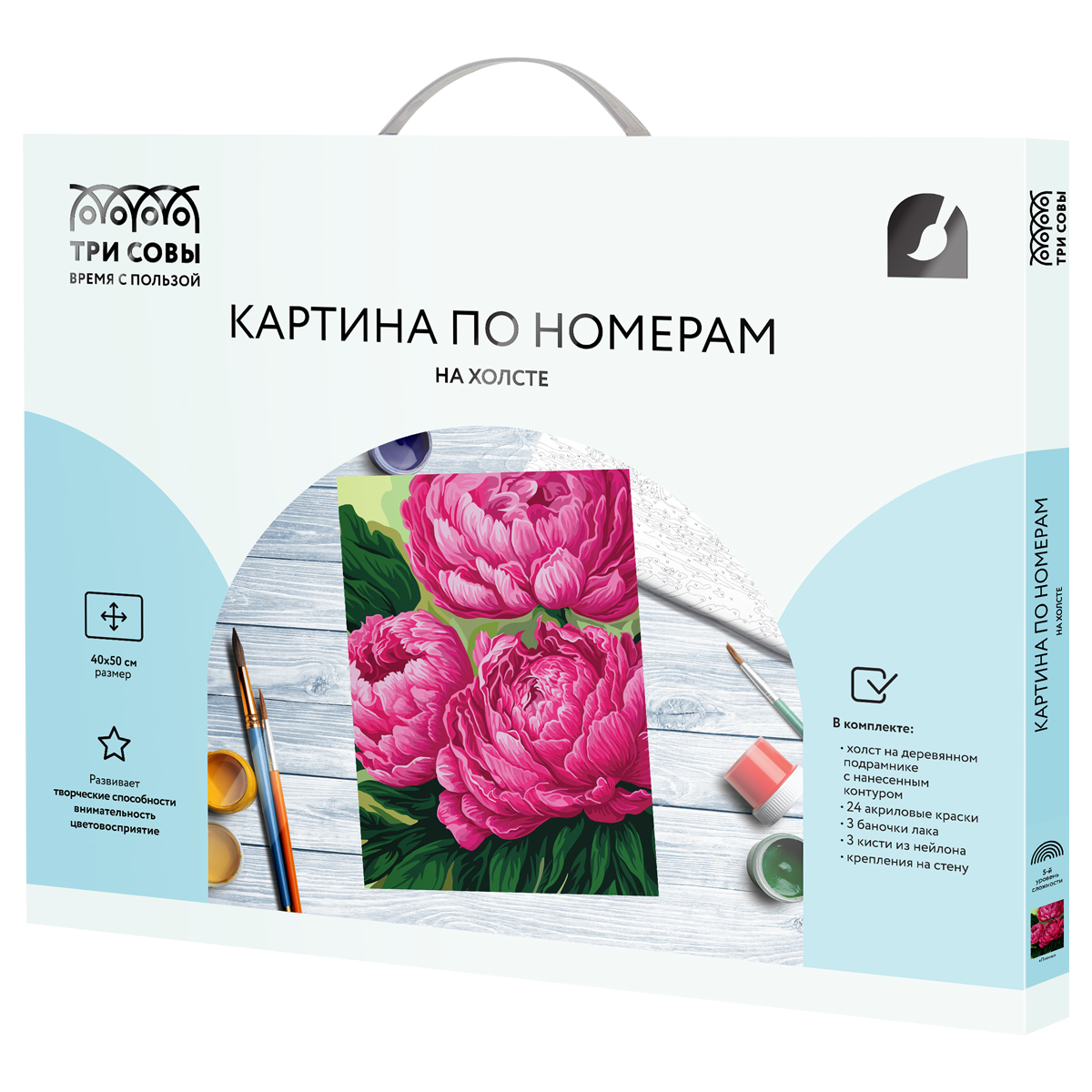 Картина по номерам на холсте ТРИ СОВЫ "Пионы", 40*50, с акриловыми красками и кистями_1