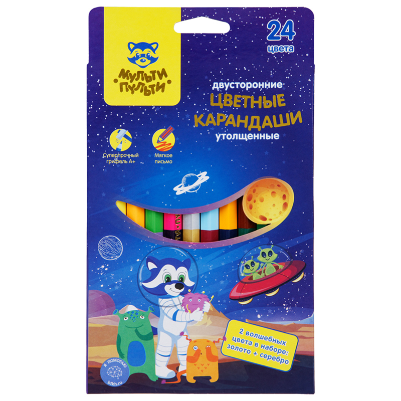 Карандаши цветные Мульти-Пульти "Енот в космосе", 24цв., 12шт., двусторонние, утолщенные_2