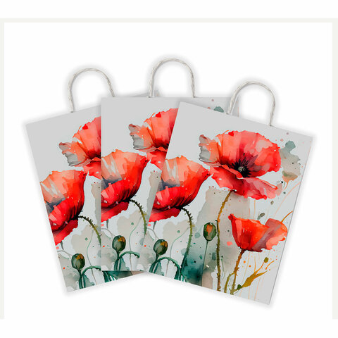 Крафт-пакет бумажный "Маки" 22х12х25 см, с кручеными ручками, плотность 100 г/м2, белый_1