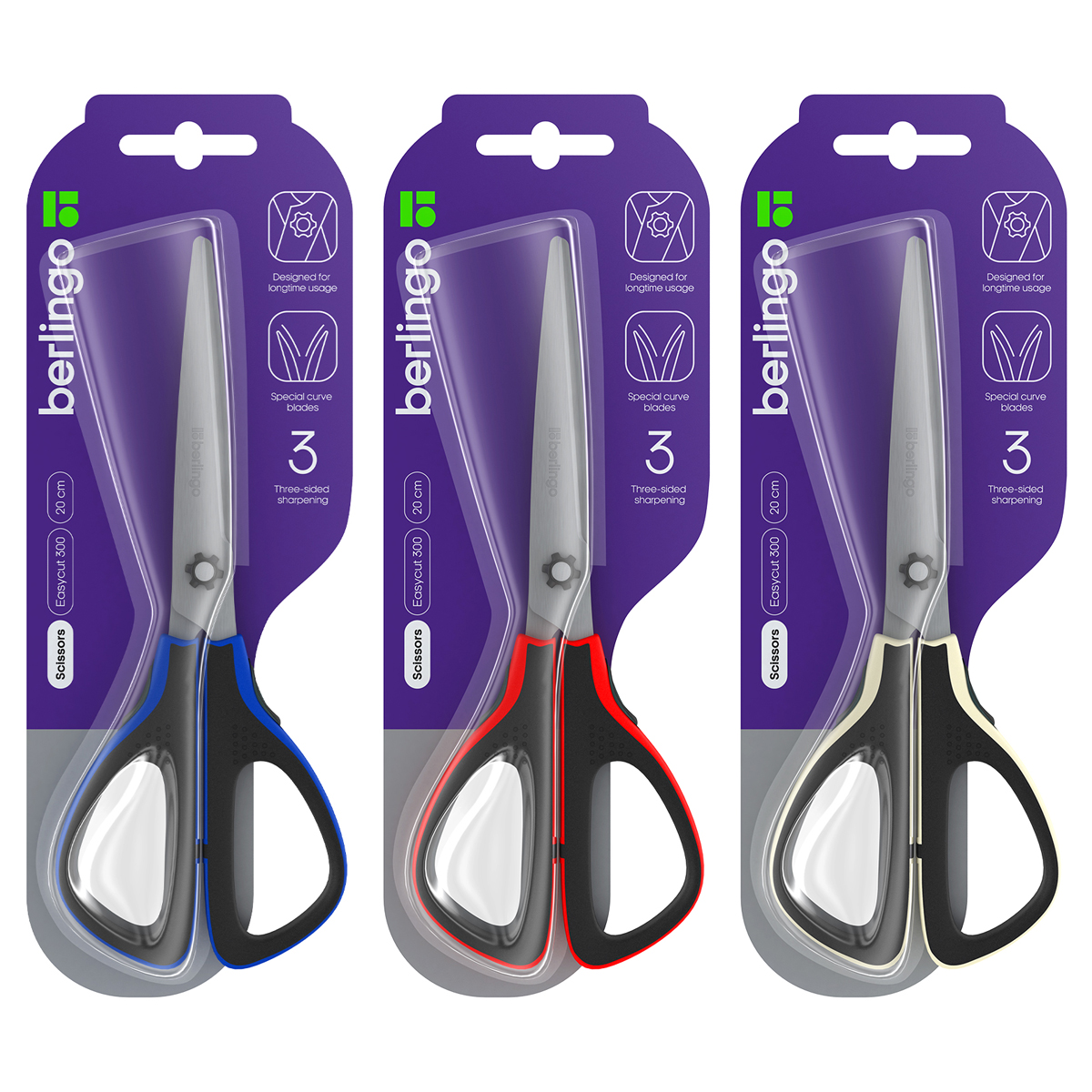 Ножницы Berlingo "Easycut 300", 20см, ассорти, мягкие вставки_1