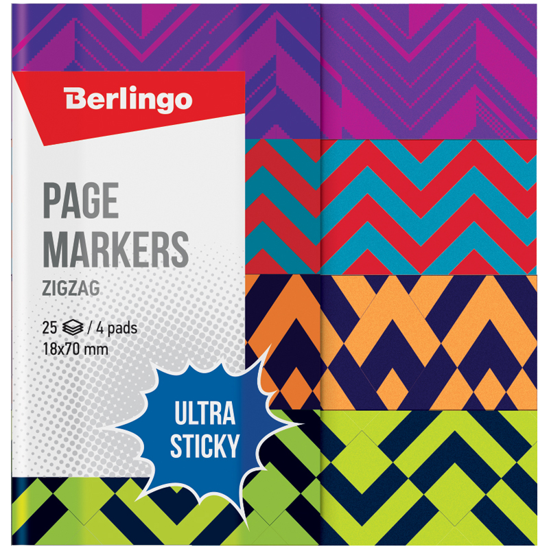 Флажки-закладки Berlingo "Ultra Sticky" "Zigzag", 18*70мм, бумажные, в книжке, с дизайном, 25л*4 бло_1