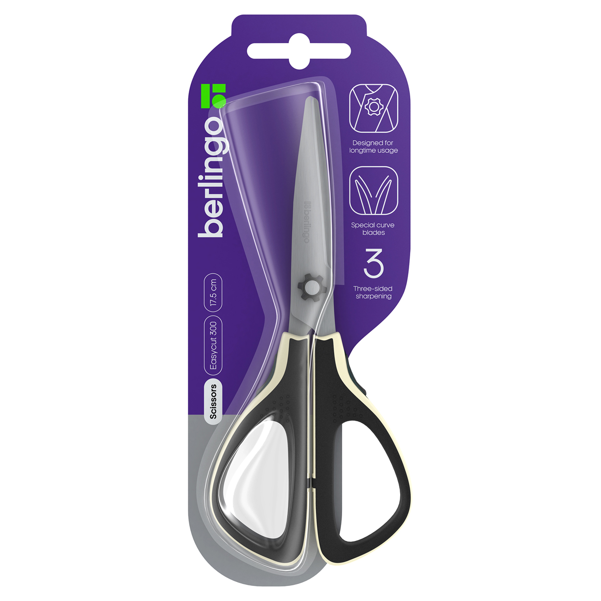 Ножницы Berlingo "Easycut 300", 17,5см, белые, мягкие вставки, европодвес_1