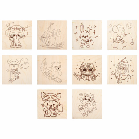 Заготовки деревянные для выжигания "Зверушки", 5 шт., 10 рисунков, 15х15 см_1