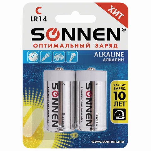 Батарейки КОМПЛЕКТ 2 шт., SONNEN Alkaline, С (LR14, 14А), алкалиновые_2