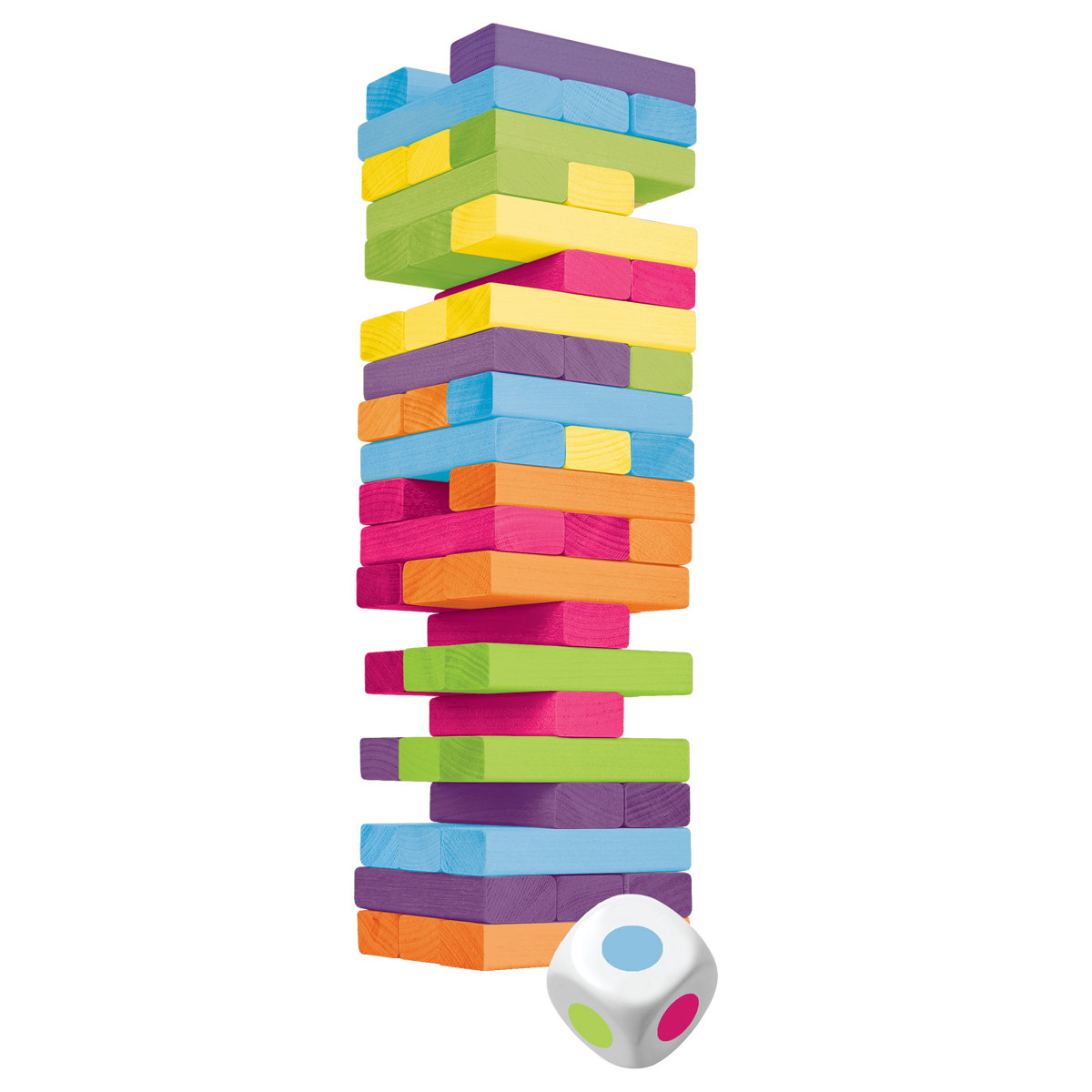 Игра настольная ТРИ СОВЫ "Башня цветная", 54 цветных деревянных бруска, кубик, уголок для сборки_1