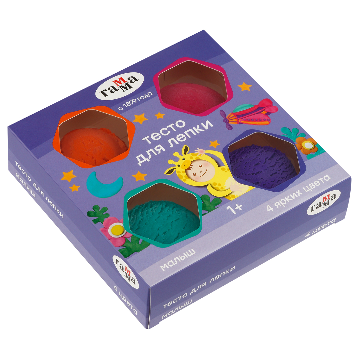 Тесто для лепки Гамма "Малыш", 04 цвета, 240г, яркие цвета, картон._1