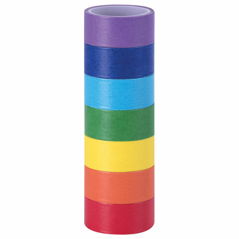 Клейкие WASHI-ленты для декора РАДУЖНЫЕ, однотонные, 15 мм х 3 м, 7 цветов, рисовая бумага_2